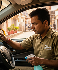 Yellow taxi parked in Jaipur street