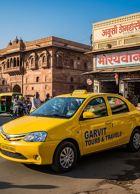 Garvit Tours and Travels yellow Toyota Etios taxi parked on a Delhi street with clear blue skies