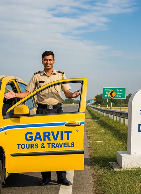 Yellow AC taxi from Garvit Tours parked near city signboard on Jhunjhunu to Delhi route