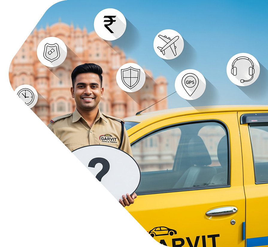 Garvit Tours driver beside yellow taxi with FAQ icons