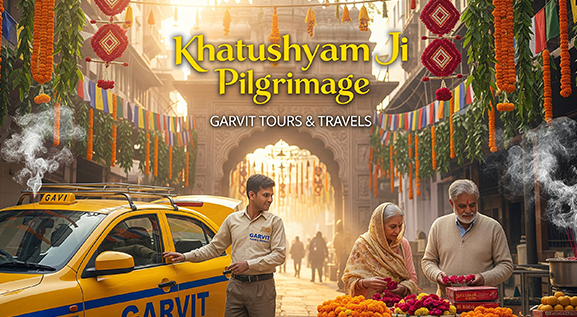 Devotees visiting Khatushyam Ji Temple by taxi